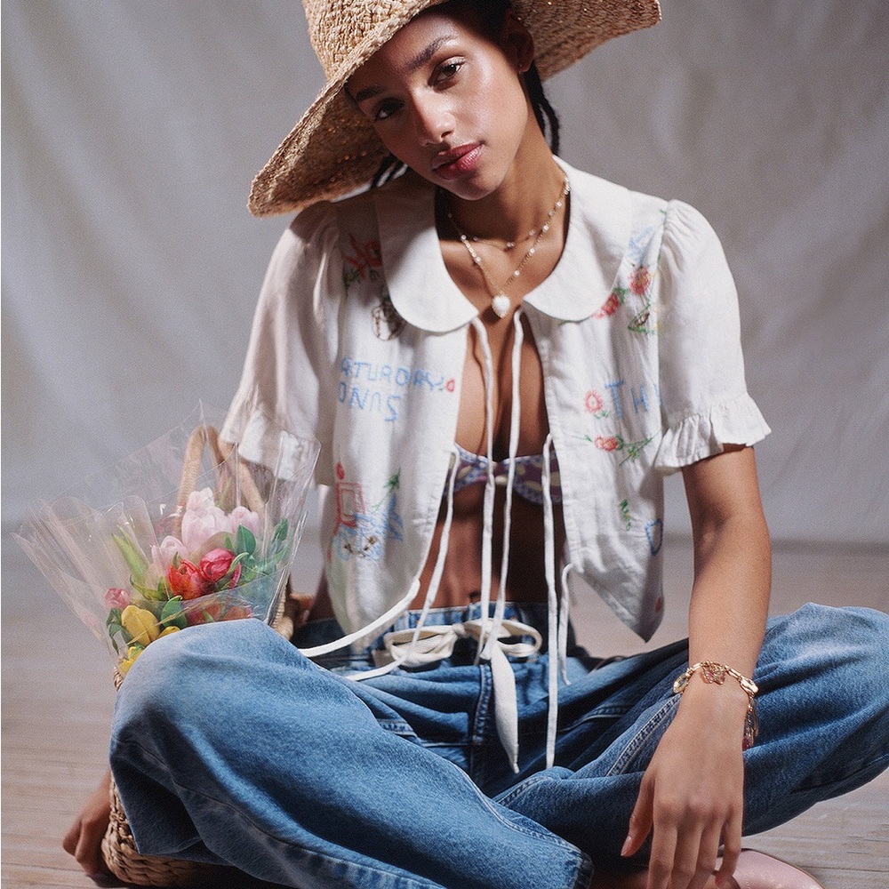 Urban Outfitters White Embroidered tie-front Blouse